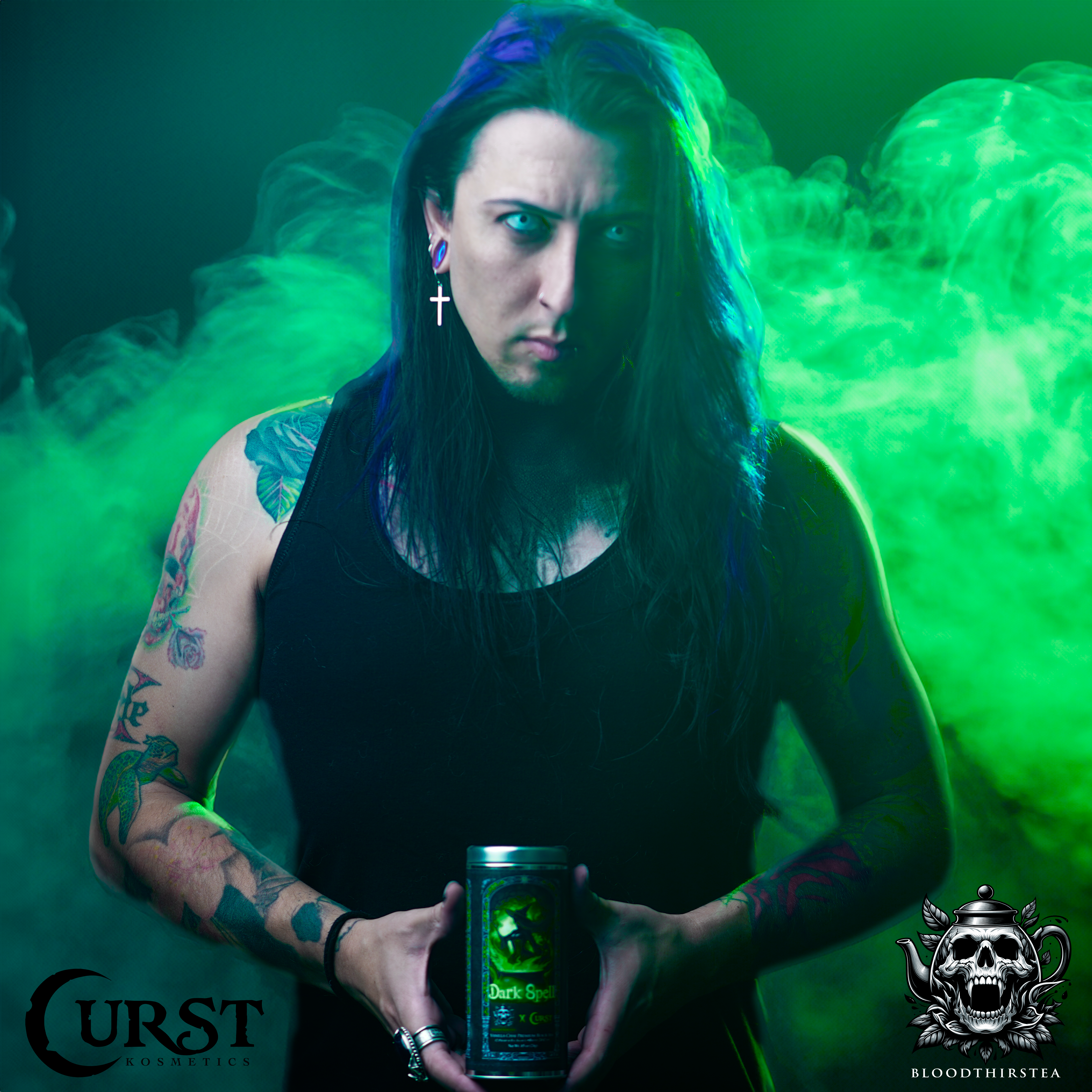 Hyde holding a canister of Dark Spell Vanilla Chai Tea in a mystical green smoky setting, embodying the enchanting essence of the blend.