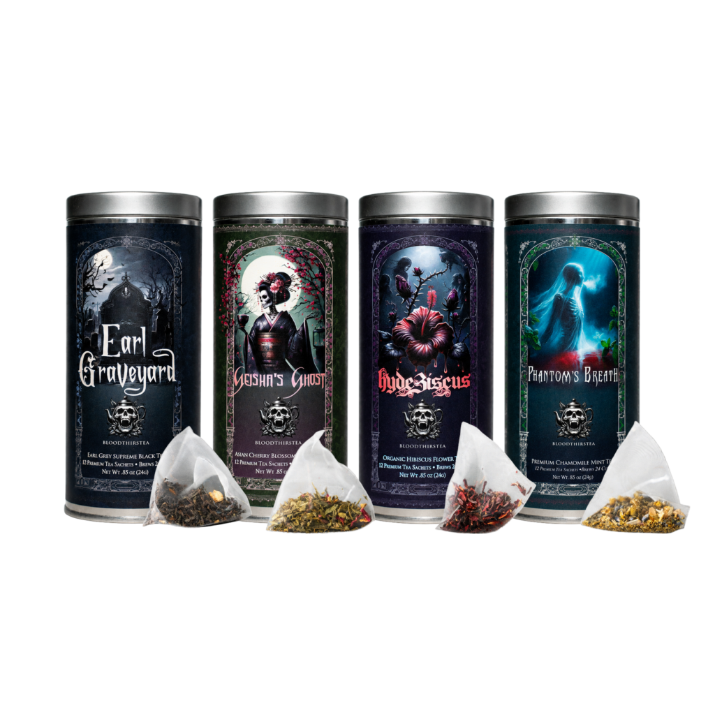 Bloodthirstea tins with pyramid sachets.