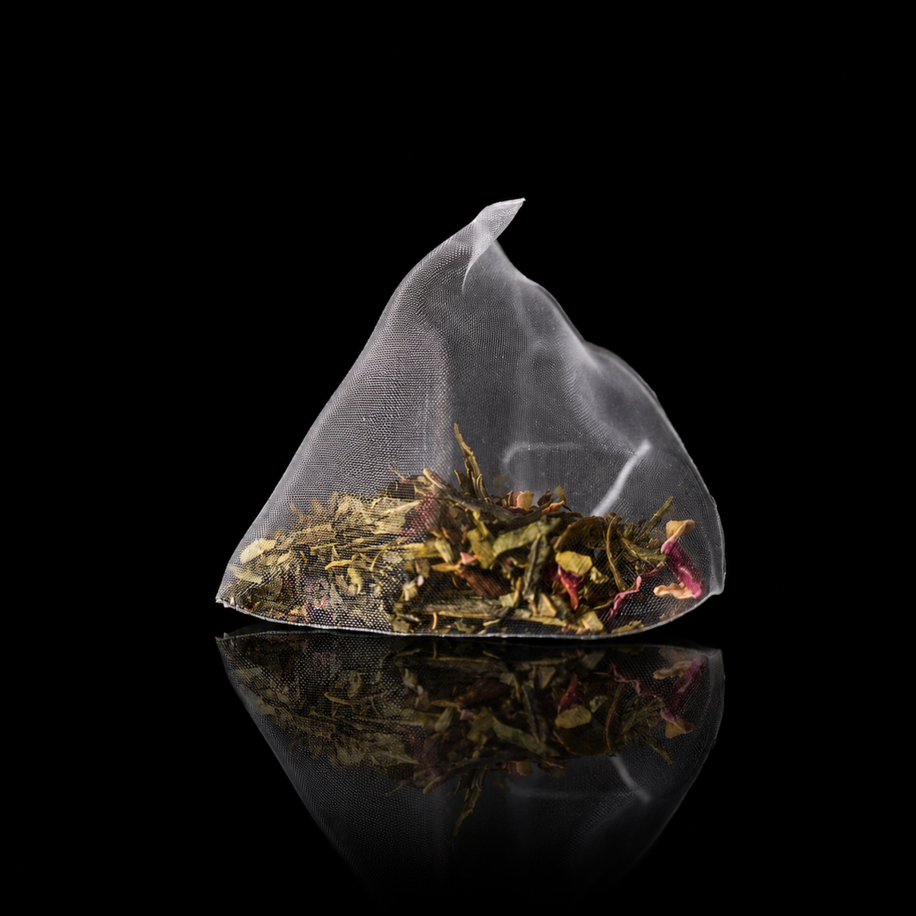 Pyramid tea sachet filled with tea leaves and botanicals